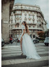 Short Sleeves Ivory Satin Tulle Slit Wedding Dress